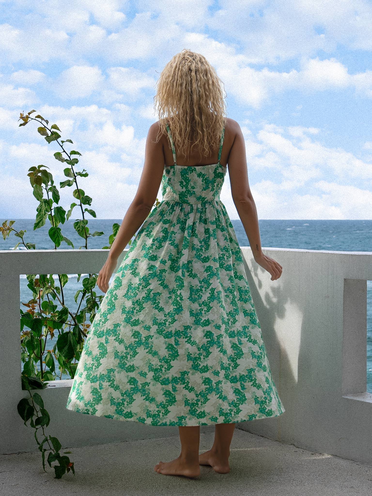 A Girl Wearing Green Floral Prints Spaghetti Strap Maxi Dress - OCEAN MYSTERY