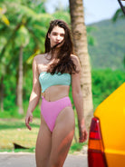 A Women Wearing Mint & Carnation Strapless Irregular Cut Out One Piece Swimsuit - OCEAN MYSTERY