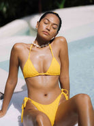 A Girl Wearing  Orange Zebra Print Jacquard Triangle Bikini Top & Bottom - OCEAN MYSTERY