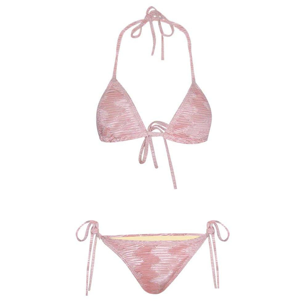 Pressed Pleats Strappy Bikini - Pink - OCEAN MYSTERY