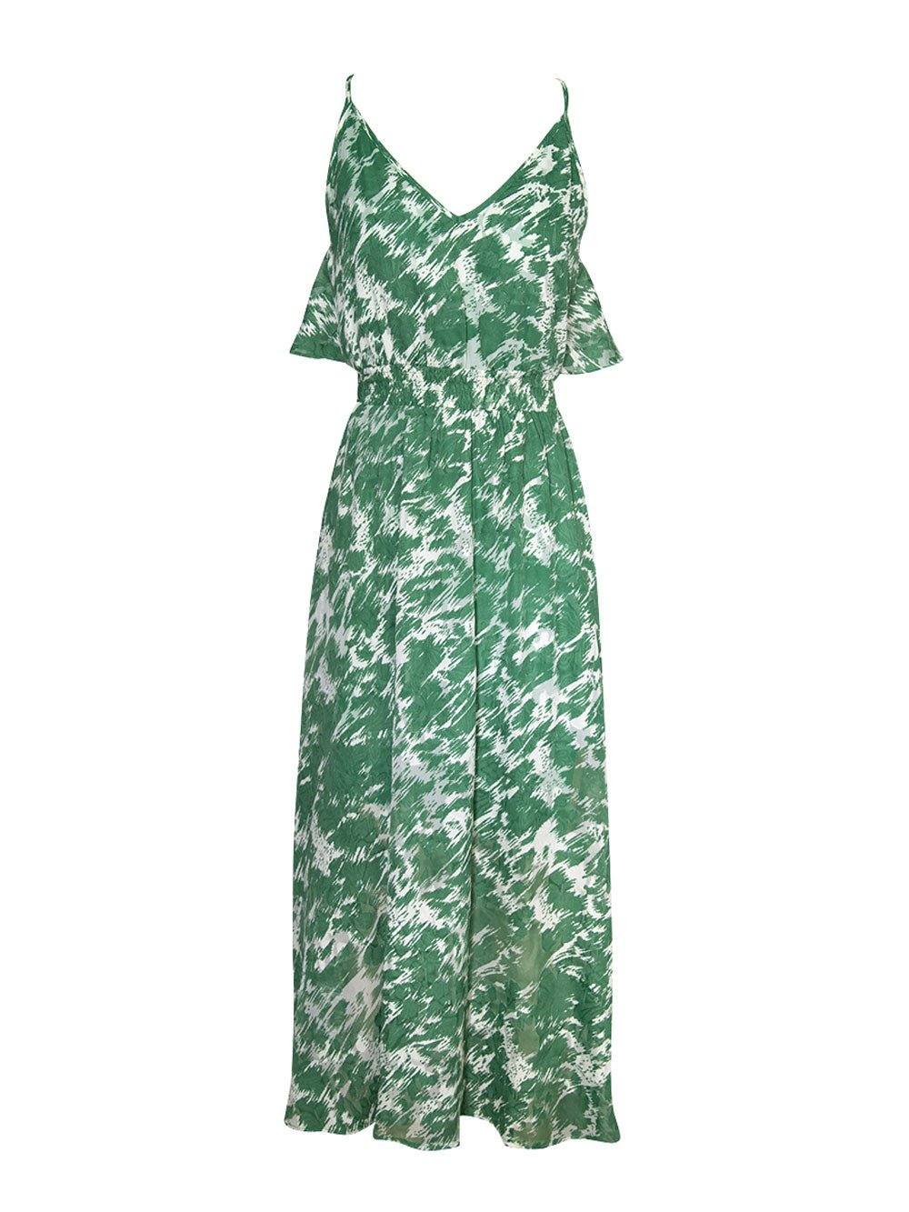 Scoop Neck Backless Dress - Green Floral Prints - OCEAN MYSTERY
