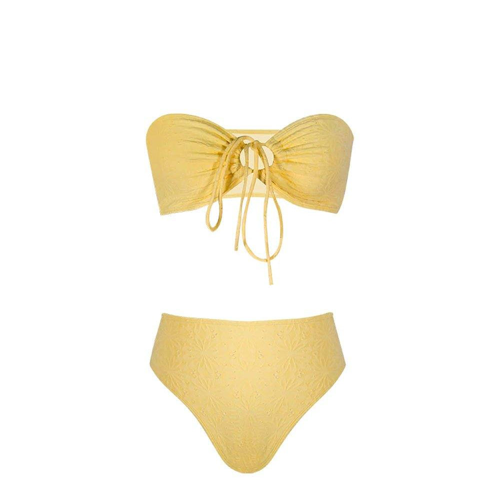 Strapless Strappy Jacquard High Waist Bikini - Yellow - OCEAN MYSTERY