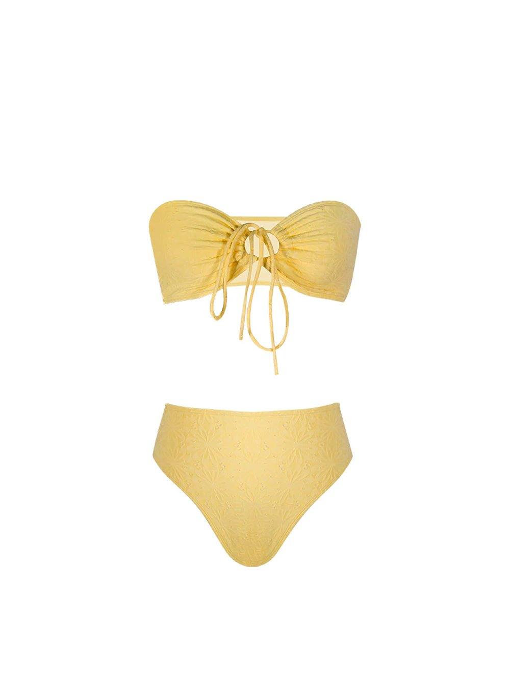 Strapless Strappy Jacquard High Waist Bikini - Yellow - OCEAN MYSTERY