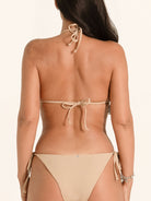 Minimal beige triangle bikini top with halter neck ties.