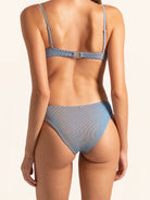 Back view of blue grey bikini bottom showing cheeky minimal coverage and textured style.