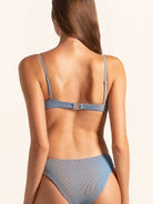 Back view of blue grey bikini top with adjustable straps and secure clasp.