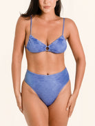 Blue swimwear bikini bottom with flattering high cut and cheeky back.