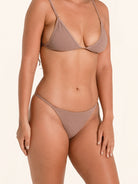 Brown cheeky bikini bottom designed for women with modern style.