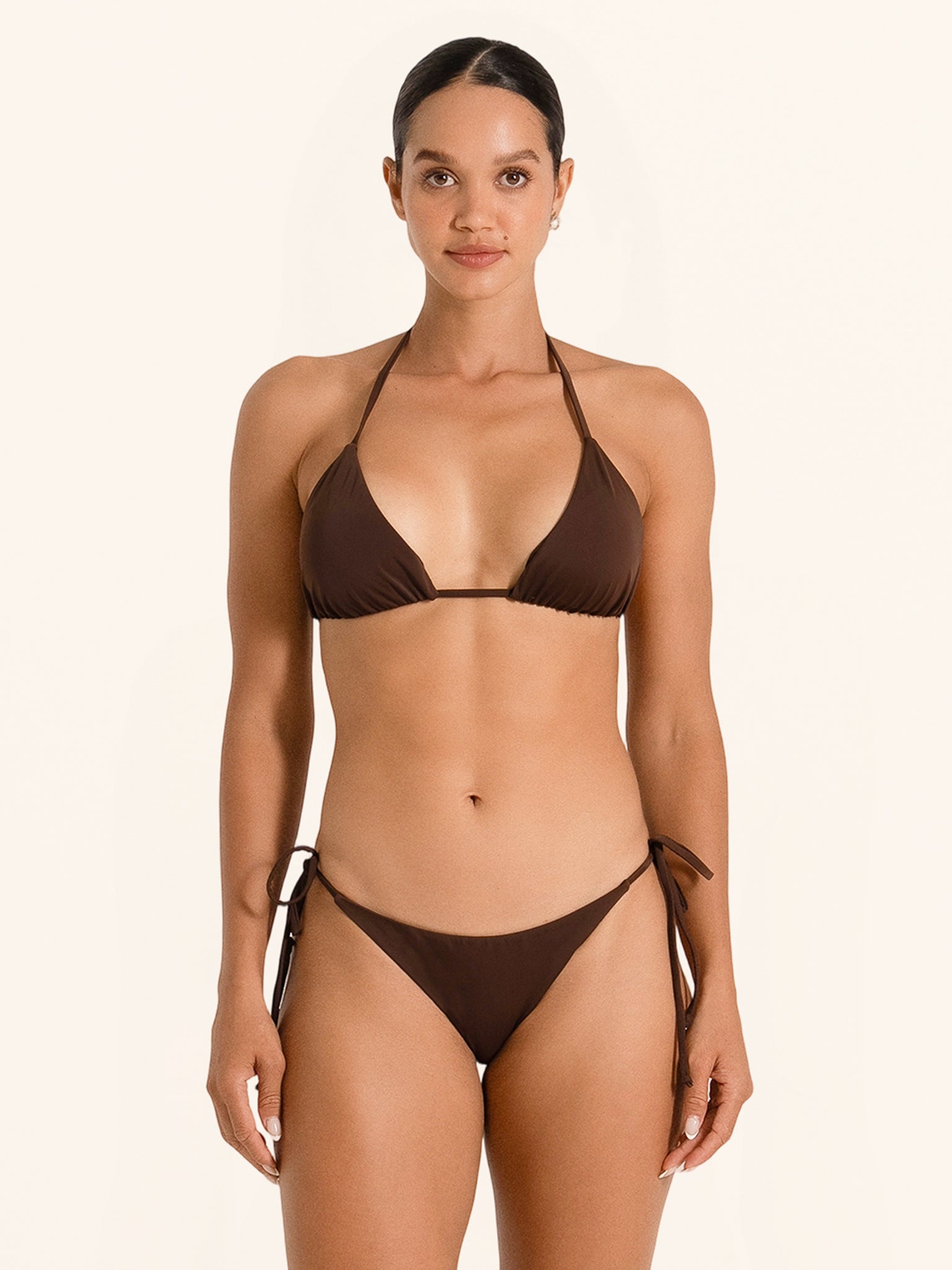 Swimwear essential brown halter bikini top with back tie closure.