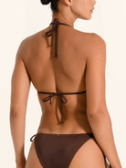 Summer-ready brown bikini top with tie neck and low-cut design.