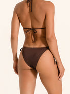 Brown triangle bikini bottom with tie side strings and cheeky cut.