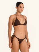 Brown triangle bikini top with halter neck and adjustable tie back.