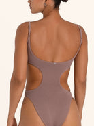 Chocolate brown one piece swimsuit with side cut out design.