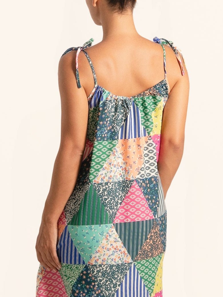 Rear closeup of colorful patchwork maxi dress with shoulder ties