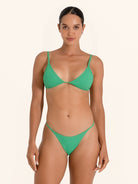 Green bikini top in triangle style with adjustable straps.