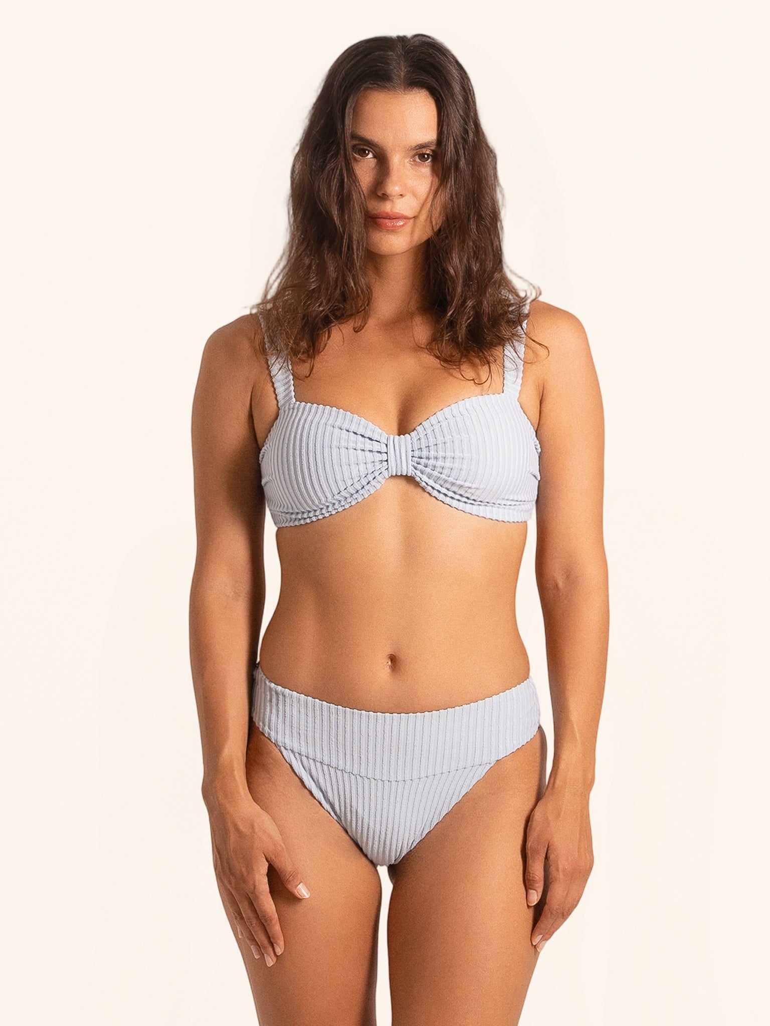 Grey blue swimwear top in striped design with wirefree comfort.