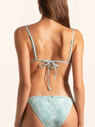 Back view of ice blue bandeau bikini top with tie closure and adjustable straps.