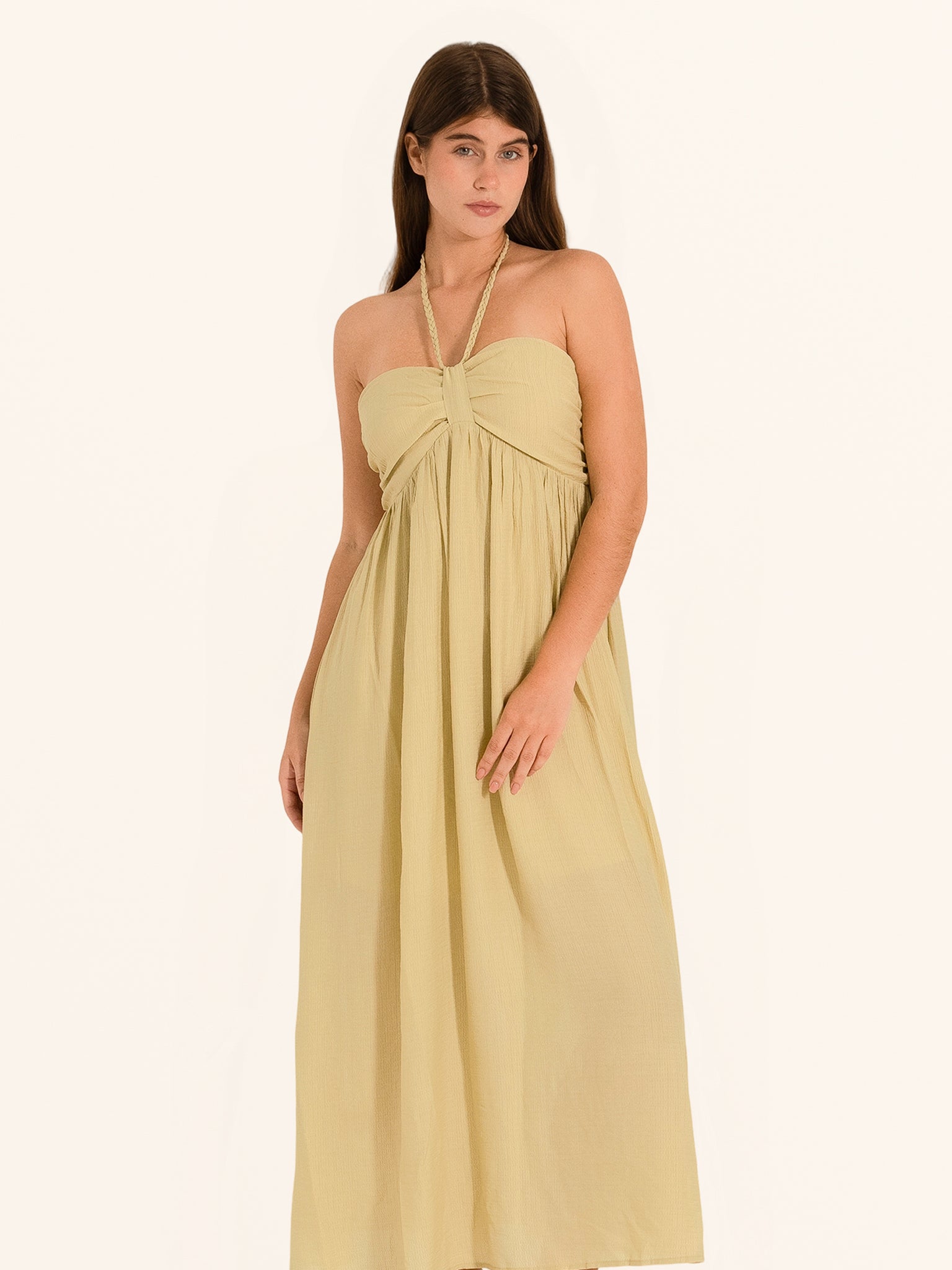 Front view of khaki halter maxi dress with strapless neckline and flowy fit