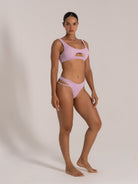 Front angle of lilac bikini set with scoop neck and keyhole cut-out top