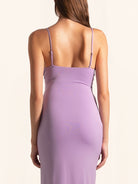 Back view of lilac maxi dress with slim straps and fitted silhouette