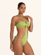 Lime green monokini with halter neckline and side ties.