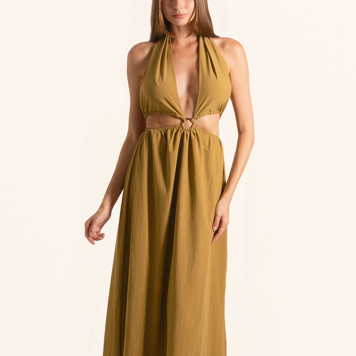 Mustard Yellow Halter Dress – Waist Cutout