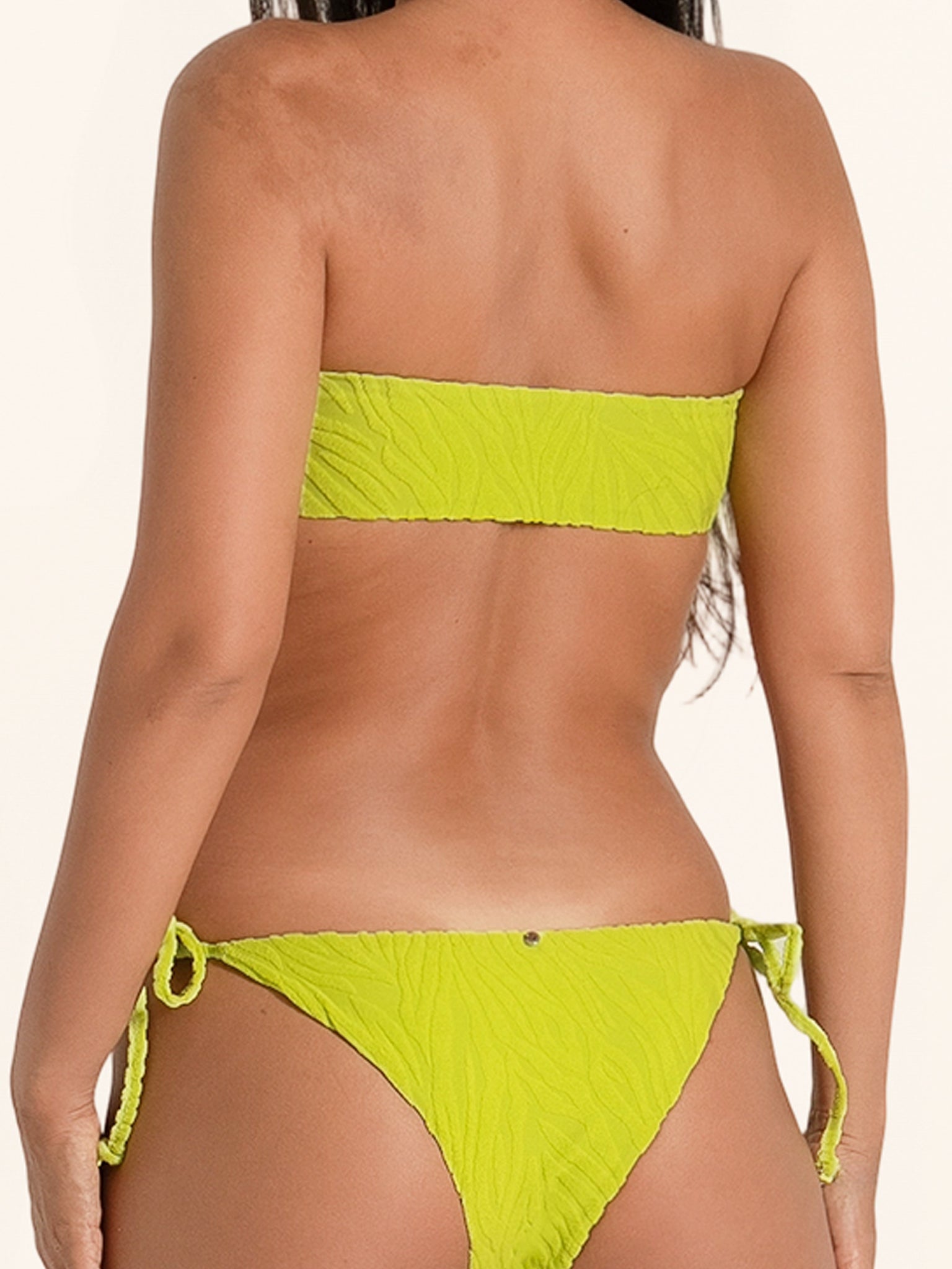 Neon green bandeau bikini top with straight neckline design.