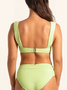 Neon green bikini top with wide straps for supportive swimwear fit.
