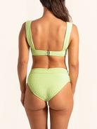 Textured neon green high-waisted bikini bottom with flattering cut.