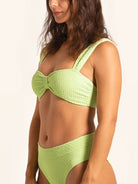 Textured neon green bikini top featuring thick supportive straps.