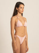 Front view of Ocean Mystery pink triangle bikini top in textured style.