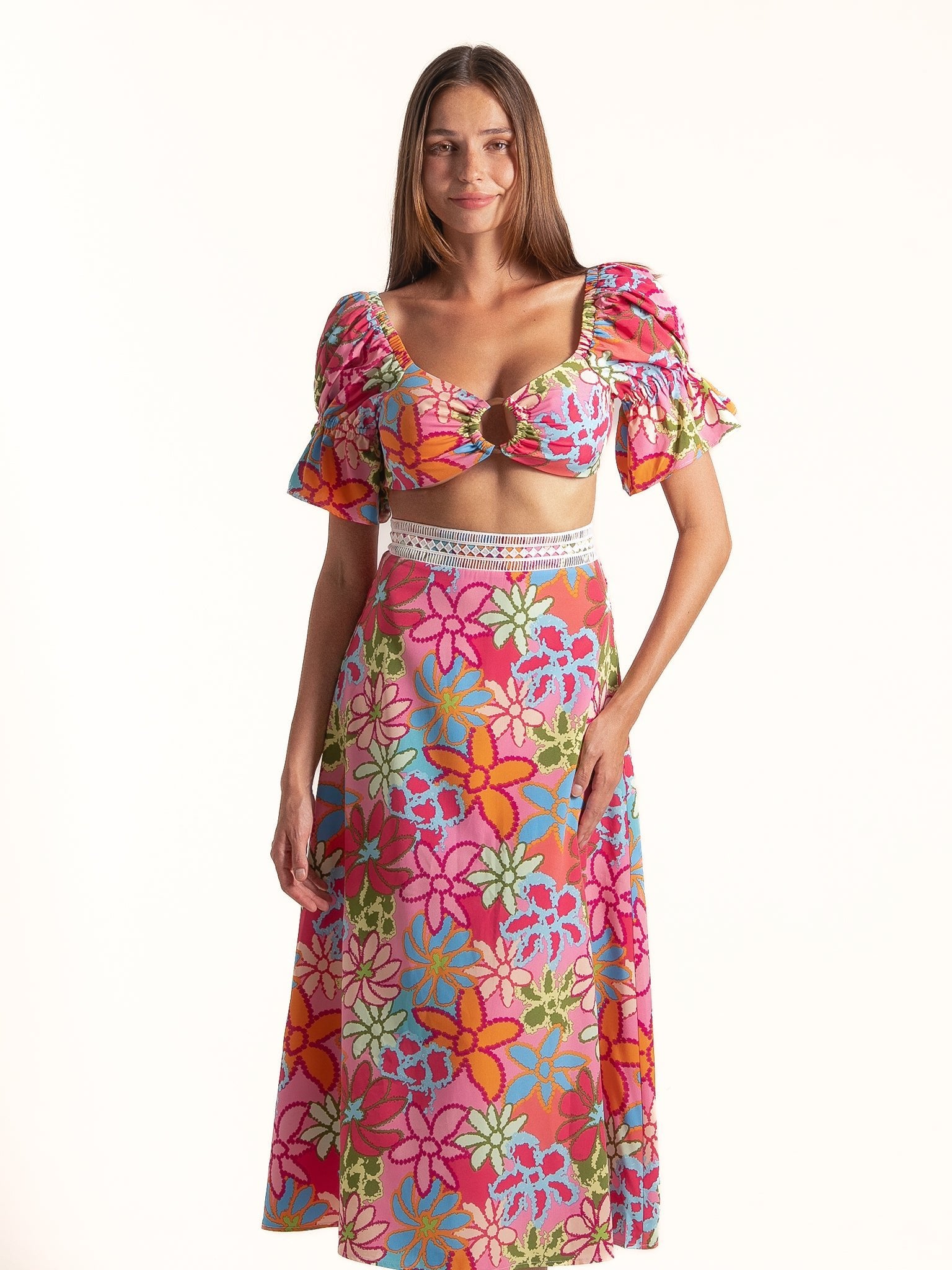 Ocean Mystery pink floral puff sleeve midi dress with sweetheart neckline and ruffle trim, front look.