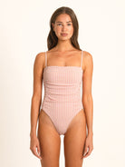 Ocean Mystery red gingham one piece swimsuit with straight neckline and slim adjustable straps, front view.