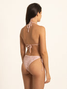 Side profile of Ocean Mystery pink textured triangle bikini top with halter design.