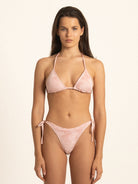 Ocean Mystery pink textured triangle bikini top with halter neck ties.