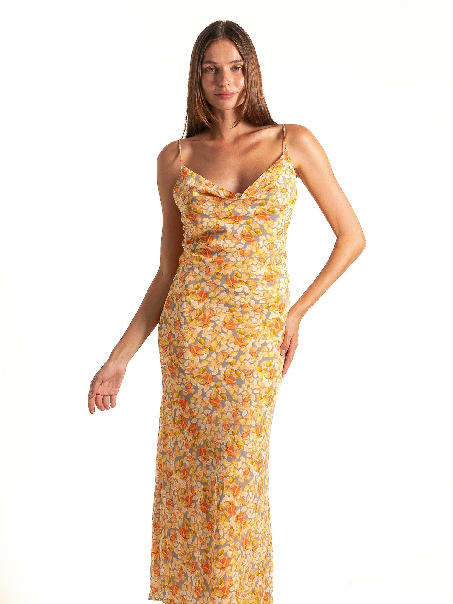 Ocean Mystery yellow floral cowl neck midi dress with adjustable spaghetti straps and slim fit, front look.