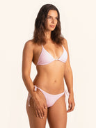 Pink check swim bikini bottom featuring flirty tie side details.