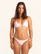 Front view of pink and white check triangle bikini top with halter tie.