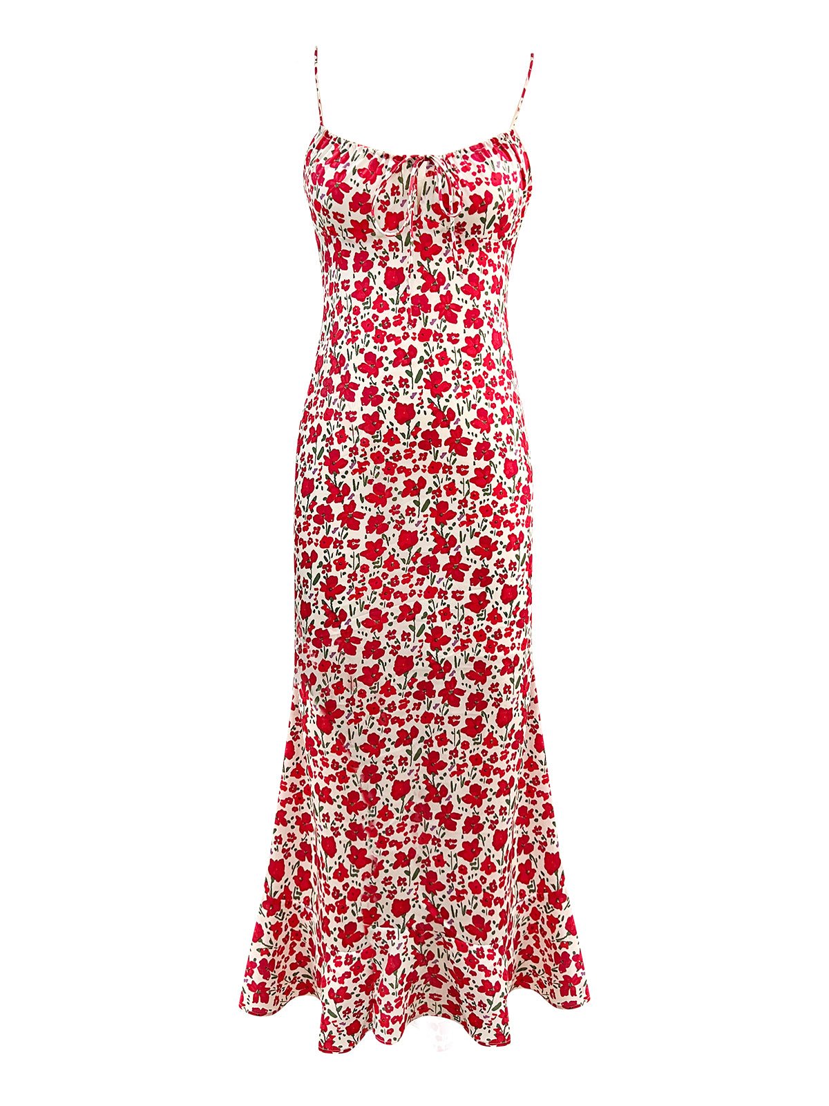Red floral mermaid dress with spaghetti straps and a ruffled hem