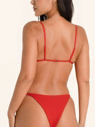 Red triangle bikini top with adjustable straps for a custom fit.