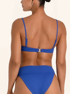 Square neck bikini top in royal blue swimwear style.