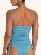 Ruched one piece swimwear in light blue with side drawstring detail.