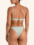 Sage green textured bikini top for women’s swimwear.