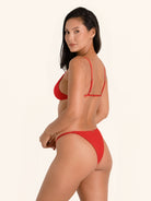 Scarlet red bikini top in a minimal triangle cut design.