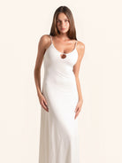 Full front view of white keyhole midi dress with slim straps