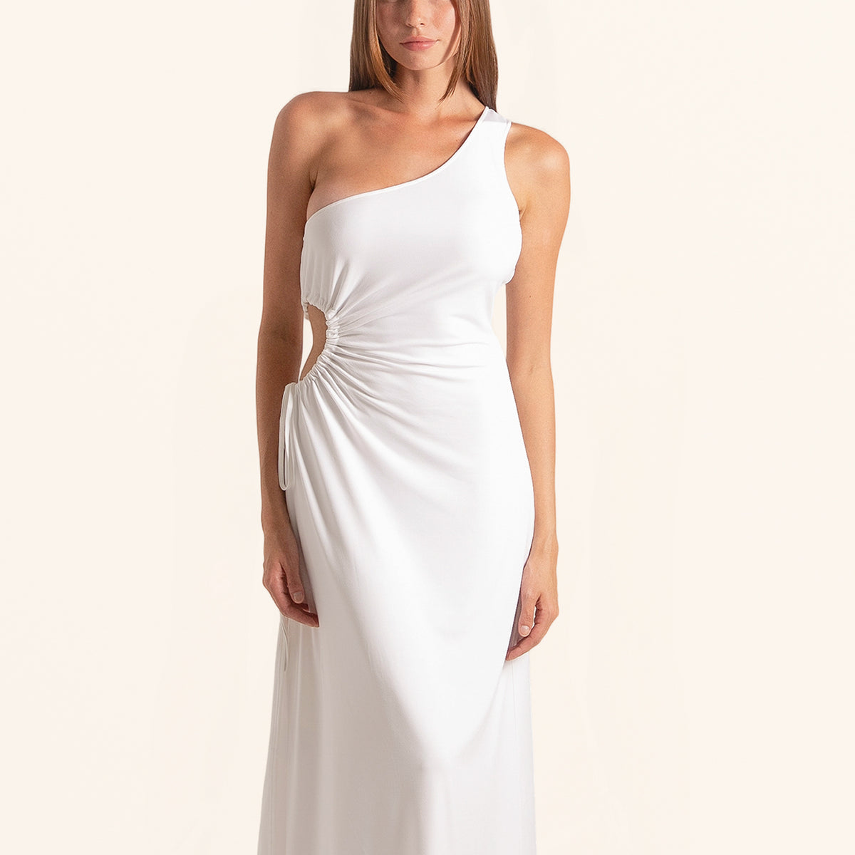 open lace back dress Deanna One-Shoulder Ruffle Maxi Dress White
