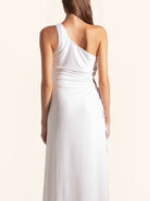 Rear full view of white one shoulder midi dress with side cutout