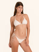 Classic white triangle bikini top with halter neck ties.