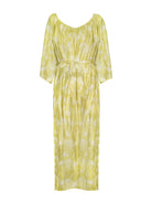 3/4 sleeve vacation maxi dress with a round neckline and waist belt