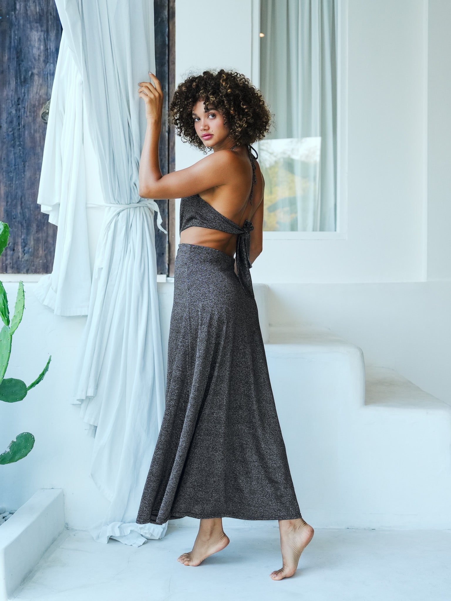 Elegant Black Sparkle Backless Maxi Dress OCEAN MYSTERY